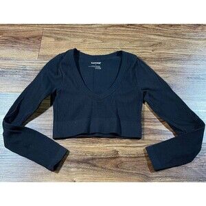 GARAGE Ribbed Deep Plunge V Neck Crop Long Sleeve Top Womens Size Small Black